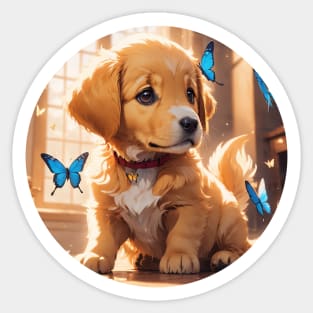 Cute Golden Retriever Puppy Playing With Butterflies Sticker